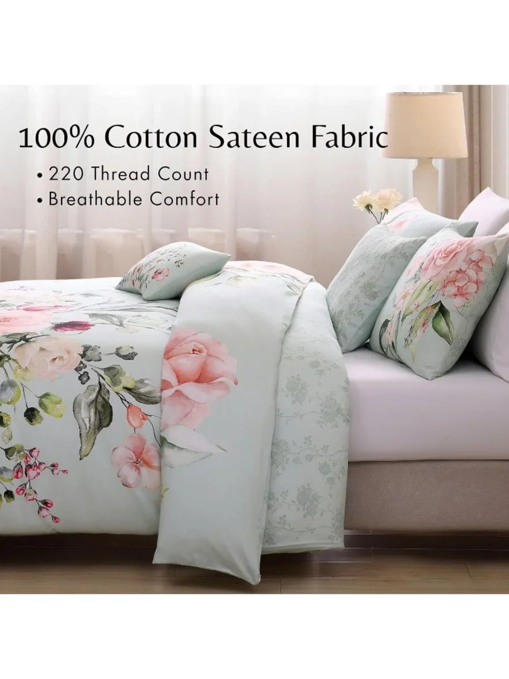 Bebejan Rose on Misty Green Queen 5-Piece Reversible Comforter Set NEW